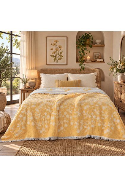 6 Katlı Jakarlı Müslin Yorgan Yatak Örtüsü Çift Taraflı Limon Sarısı Çift Kişilik 220x240 cm