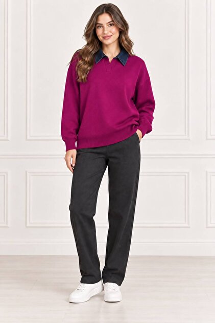 Women's Denim Shirt Collar Long Sleeve Oversize Knitwear Sweater