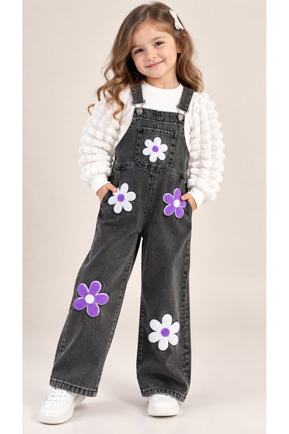 Girl's Floral Patterned Denim Slopet Ruffle Sleeve Ribbed Sweatshirt 2-Piece Set - Stylish Casual Combination