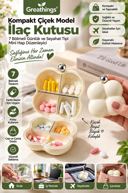 7 Bölmeli Çiçek İlaç Kutusu 14x9x3,5 cm – Seyahat Tipi Mini Hap ve Vitamin Düzenleyici