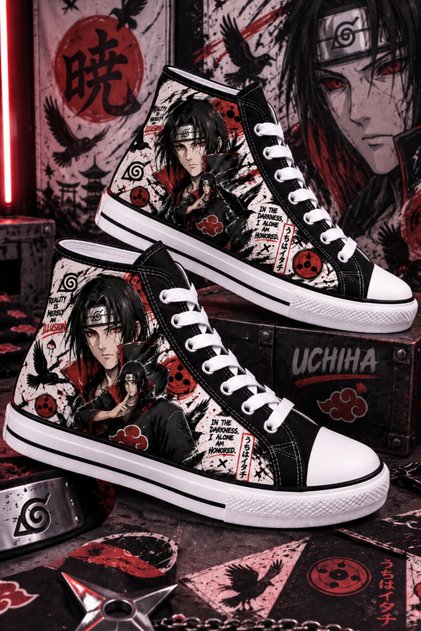 Unisex Anime Printed Black High-Top Linen Sports Shoes Sneaker