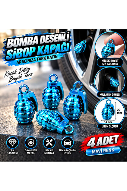 Bomba Desenli Sibop Kapağı 2 Adet Universal Oto Araç Lastik Sibop Süsü-Mavi