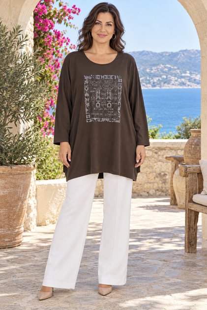 Women's Crew Neck Fashion Stone Embellished Viscose Flexible Plus Size Oversized Long Sleeve Blouse