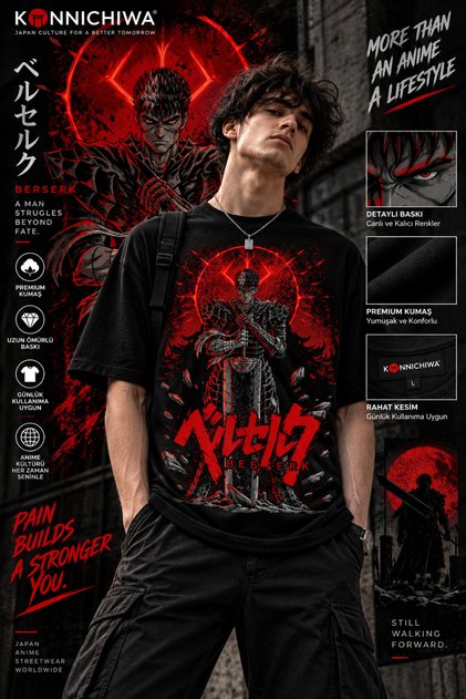 Berserk Guts Anime Printed Black T-Shirt Tee Tshirt – Oversized Streetwear Design