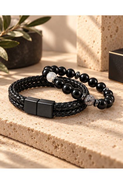 Agate Natural Stone and Black Leather Men's Bracelet Set