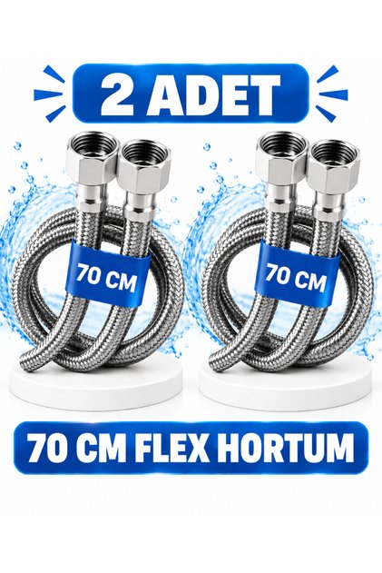 70 cm Paslanmaz Çelik Örgülü Flex Hortum 2 Adet 3/8x3/8 Klozet Taharet Musluğu