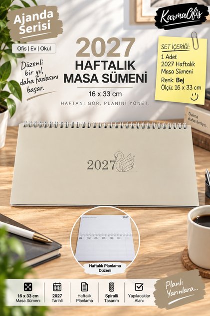 2027 Haftalık Masa Sümeni 16x33 cm Spiralli Masaüstü Planlayıcı Ajanda – Bej