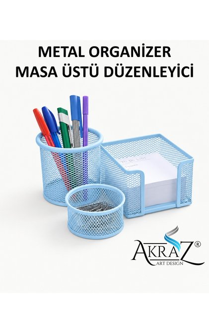 MASA ÜSTÜ METAL ORGANİZER KALEMLİK SETİ 3'LÜ TOZ MAVİ