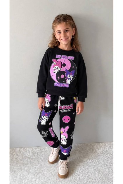 Girl's Character Patterned Three-Thread Black Suit