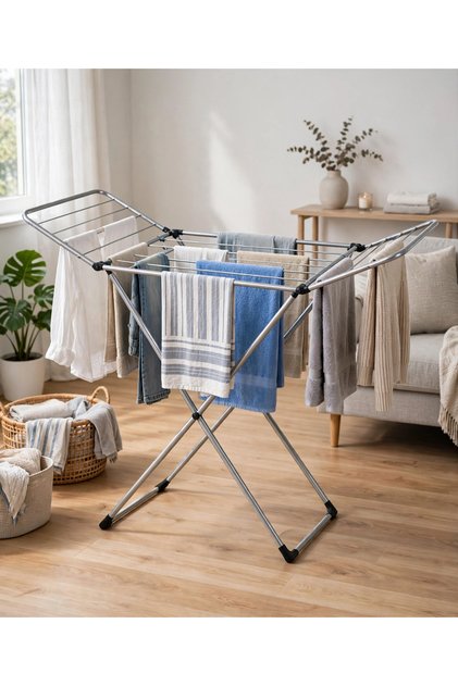 Foldable Wing Clothes Drying Rack - Heavy Duty Stainless Steel Foldable Laundry Rack with Extendable Side Wings - Space Saving Portable Drying Stand for Indoor Outdoor Use