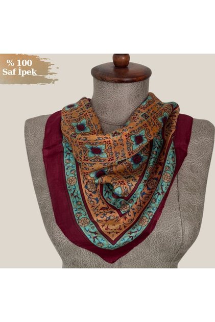 %100 Saf İpek Yonca Desen Mini Fular - Bandana (50x50 cm)