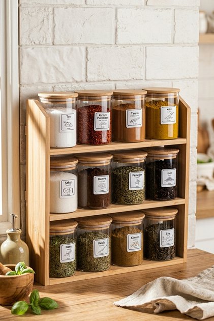Spice - 3 Katlı Bambu Standlı 12'li Baharatlık Seti Bambu Vakum Kapaklı Etiketli Cam Baharat Takımı Bambu Organizer