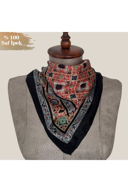 %100 Saf İpek Yonca Desen Mini Fular - Bandana (50x50 cm)