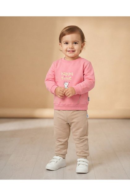 Girl's Seasonal 1-2-3-4 Year Old Cat Printed 2 Threaded Top and Bottom 2-Piece Compact Set