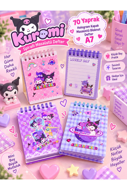 Kuromi Masaüstü Mini Bloknot Defter - Kuromi 70 Yaprak Hologram Kapaklı Çizgili Spiralli A7 Not Defteri Tekli