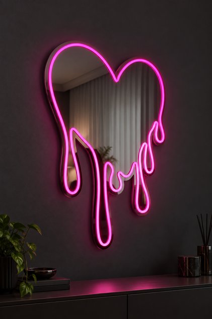 Aynalı Neon Led Pembe Işıklı Eriyen Kalp Duvar Dekoru
