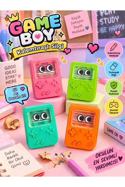 Game Boy 3D Kabartmalı Kalemtıraşlı Silgi - Yumuşak Silgi Kaliteli Kalemtıraş İkisi Bir Arada Tekli