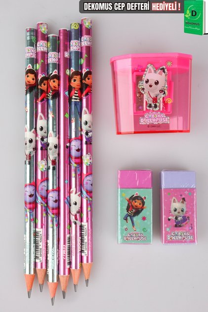 Licensed Gabby's Dollhouse 6 Pencils, 2 Erasers and Pencil Sharpener Set, Dekomus Pocket Notebook with Gift