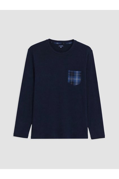 Lacivert Bisiklet Yaka Uzun Kollu Erkek Pijama Üst