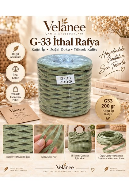 G33 İthal Rafya Kağıt İp 200 Gr Adaçayı Yeşili – Çanta, Sepet ve Örgü Tasarımları İçin