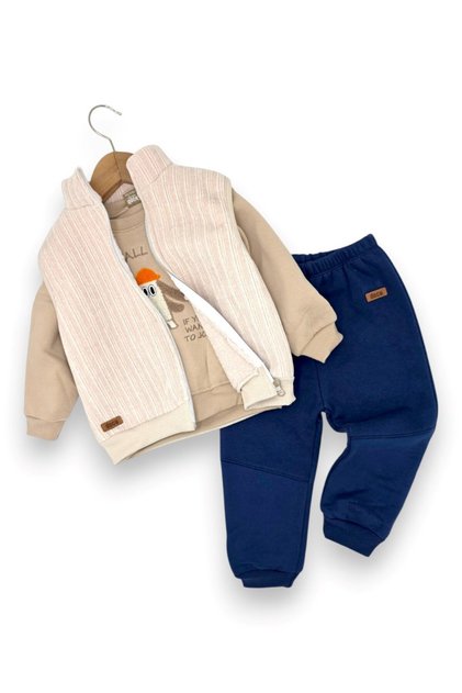Baby Boy Winter 3-Strand Hooded 9-12-18-24-36 Months Stylish 3-Piece Set with Dog Detail Vest