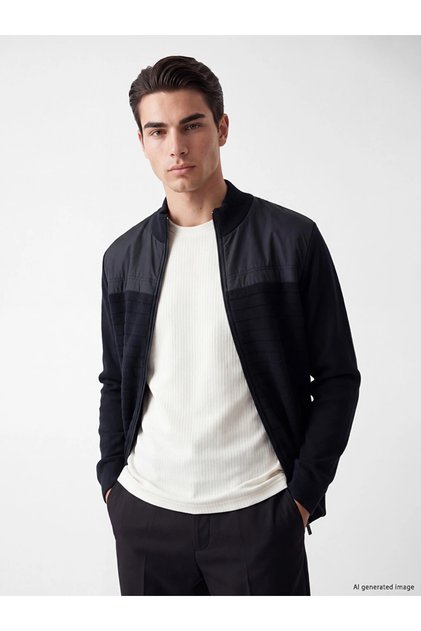 Navy Blue Regular Fit High Collar Men's Knitwear Cardigan