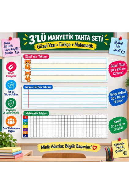 Güzel Yazı Matematik ve Türkçe Tahta Magneti 3'lü set – 30x100 cm Güzel yazı & Çizgili & Kareli – Yaz Sil Tekrar Kullan