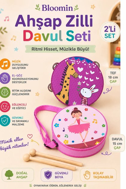 Ahşap Tef ve Davul Seti Pembe