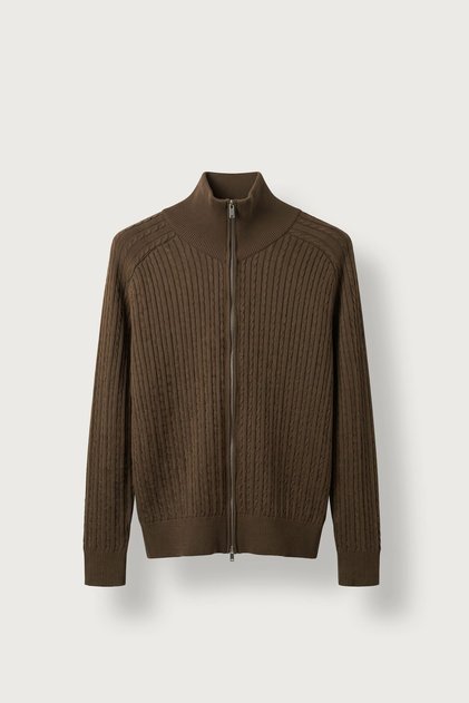 Men's Relax Fit Stand Collar Zippered Hair Knit Knitwear Cardigan Brown