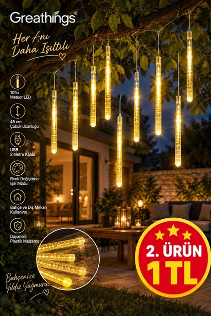 10'lu 45 cm Meteor LED Ağaç Işığı Sarı – USB, 2 m Kablo, Asmalı Dekoratif Aydınlatma