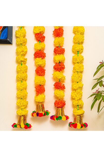 Artificial Marigold Flowers String Flowers Garland Bandhanwar with Golden Bells - Wall Decor Hanging Door Toran for Home Decorations Indian Decorative Items(Pack of 4, Multicolor)