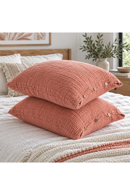 Tile 4 Layer Muslin Wooden Buttoned 100% Cotton 2-Piece Pillowcase Set 50X70 cm
