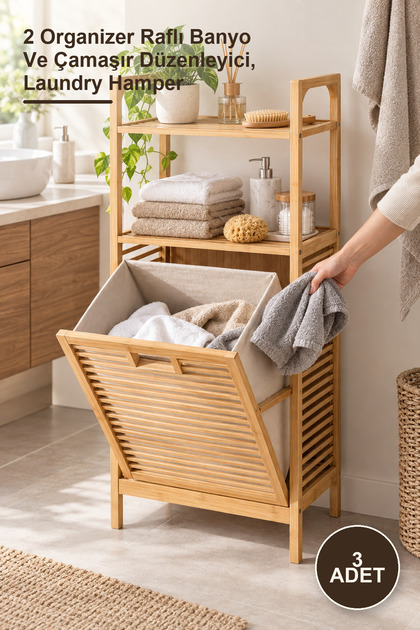 3 Adet Ahşap Bambu Çek-Aç Kirli Sepeti – 2 Organizer Raflı Banyo Ve Çamaşır Düzenleyici, Laundry Hamper