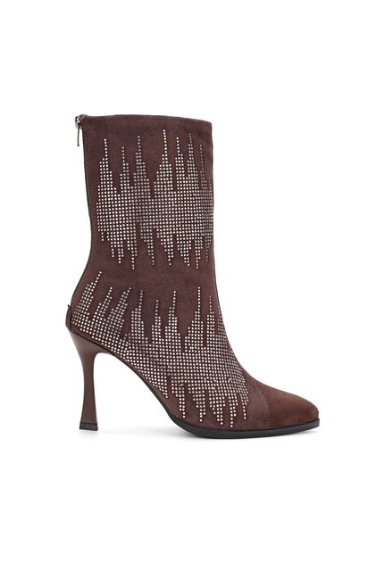 Bitter Brown Suede Shiny Stone Detailed Women's Heeled Boots with Back Zipper