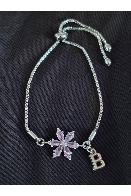 Steel Pink Zircon Stone Lotus Flower B Letter Bracelet