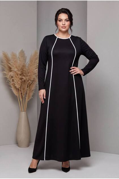 Crew Neck White Striped Black Combed Cotton Fabric Full Length Dress
