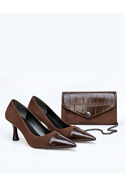 Women's Brown Suede Stiletto Croc Patterned Patent Leather Toe Shoes with Bag Set 7 cm Heeled Shoes