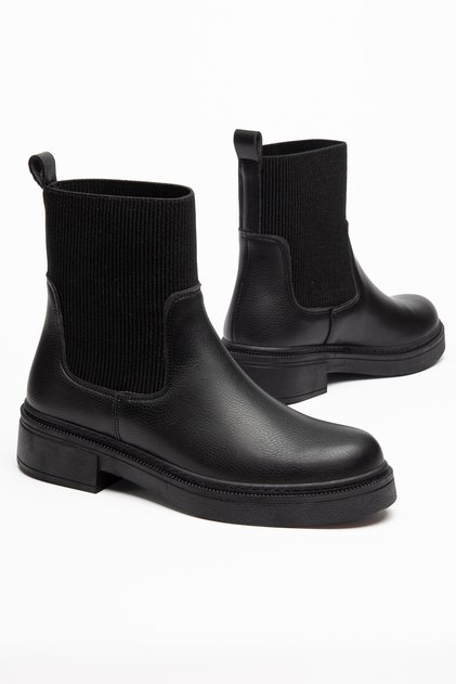 Women's Black Leather Knitwear Ankle Detailed Non-Slip Sole Boots
