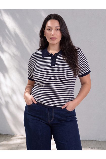 Texx Store Quality Lcw Curve Navy Blue Knitwear Striped Polo Collar Women's Sweater