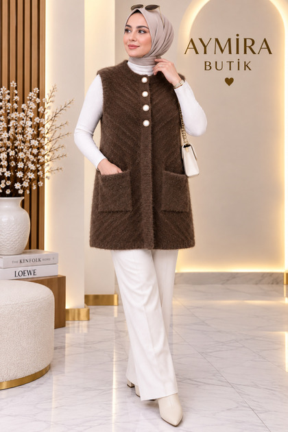 Women's Angora Knitwear Vest, Hijab, Knitted, Buttoned, Pocketed, Patterned, Soft Vest