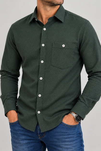 Men's Dobby Honeycomb Textured 100% Cotton Long Sleeve Classic Shirt with One Pocket