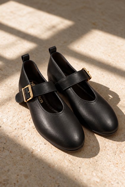 Norel Black Leather Women's Genuine Leather Mary Jane Ballerina Buckle Shoes