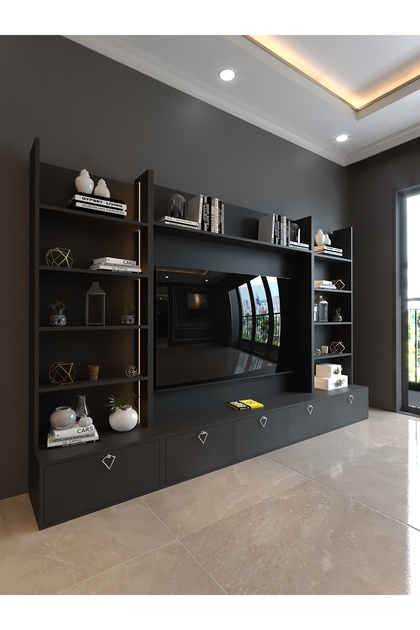 KARNAVAL Modern Tasarım Led Aydınlatmalı Kitaplıklı TV Ünitesi & Yaşam Ünitesi - PNL002