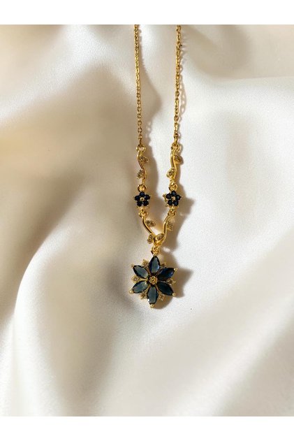 Navy Blue Flower Gold Color Steel Necklace