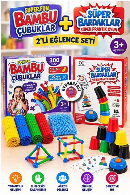 Set of 2 Bamboo Sticks 300 Pieces + Super Cups Practical Intelligence Game 2-Piece Entertainment and Activity Set