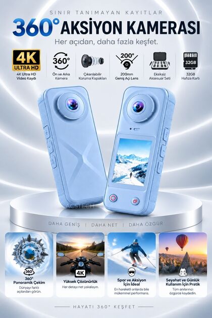 360 Derece Aksiyon Kamerası X5 Pro | 4K Ultra HD | Çift Lensli Ön Arka Kamera | 200° Geniş Açı | Panoramik Çekim - Mavi