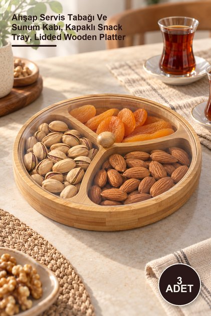 3-Piece Snack Bowl with Lid and 3 Compartments – Wooden Serving Plate and Presentation Container, Snack Tray with Lid, Lidded Wooden Platter