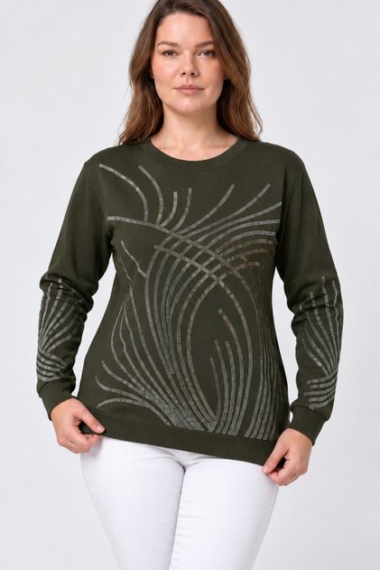 Women's Long Sleeve Knitwear Blouse with Stone Print on Front and Sleeves