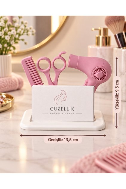 Hairdresser Themed Business Card Holder – Desktop Business Card Stand with Comb, Scissors and Hair Dryer Figures, 13.5 cm Pink