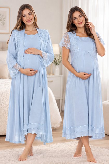 Maternity Cotton Dressing Gown with Breastfeeding Feature Nightgown Set Effortt